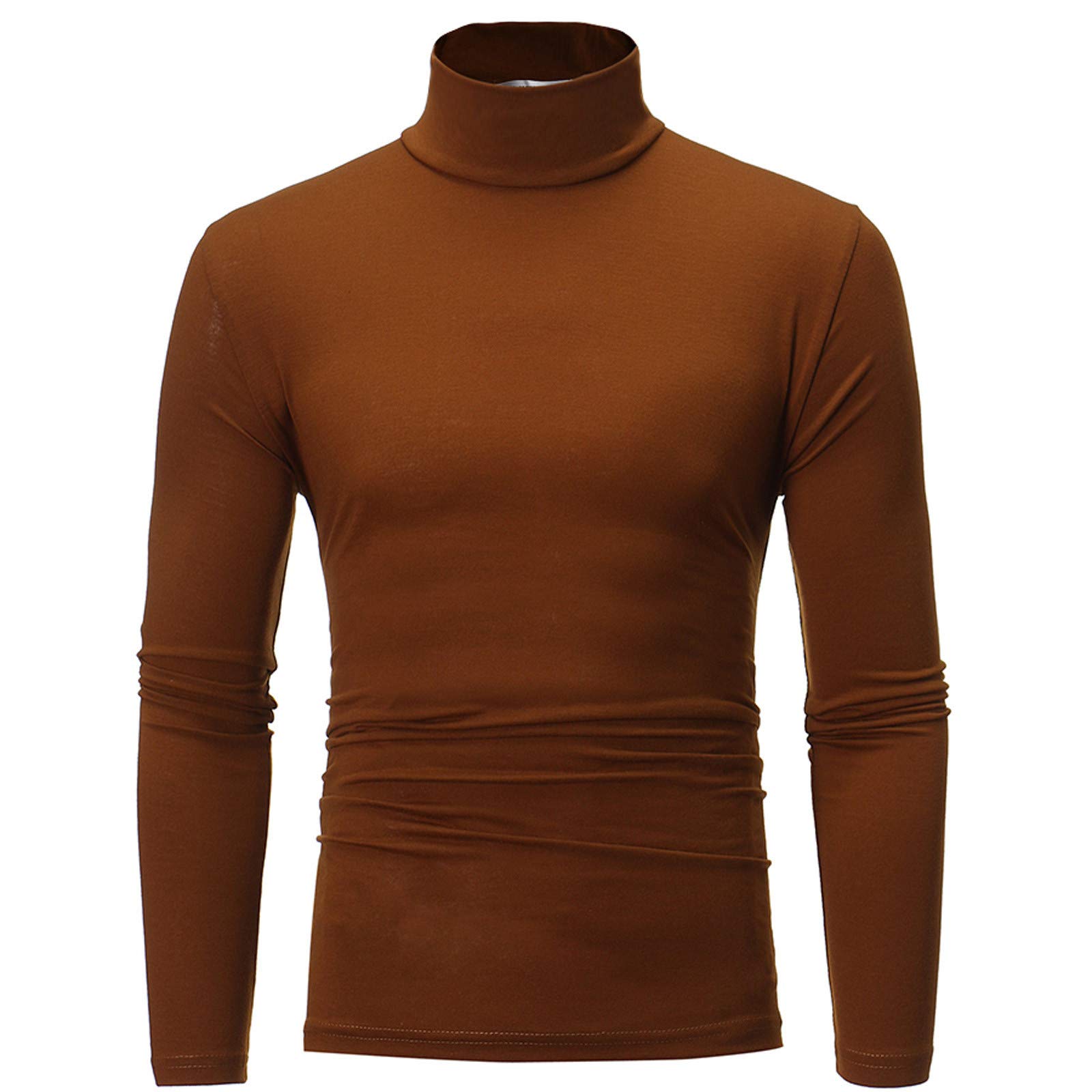 Turtleneck Compression Top for Men,Long Sleeve Basic Solid Undershirt Stretch Slim Fit Workout T-Shirt Fall Winter(Coffee,3X-Large)