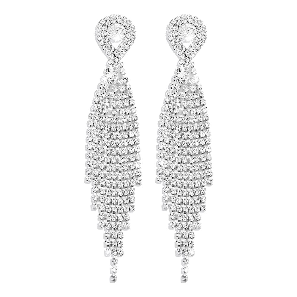 Denifery Teardrop Crystal Chandelier Earrings Long Tassels Dangle Earrings Sparkling Rhinestone Ladies Gifts Statement Earrings Bridal Wedding Jewelry (Silver)