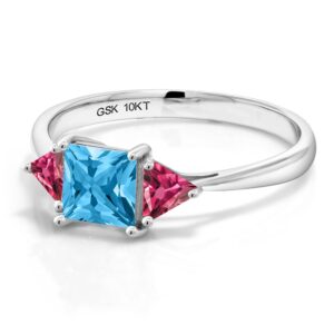 Gem Stone King 10K White Gold Swiss Blue Topaz and Pink Tourmaline 3 Stone Engagement Ring For Women (1.12 Cttw, Gemstone November Birthstone, Princess Center 5MM, Trillion 3.5MM) (Size 9)