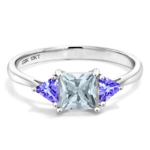 Gem Stone King 10K White Gold Sky Blue Aquamarine and Blue Tanzanite 3 Stone Engagement Ring For Women (0.84 Cttw, Gemstone March Birthstone, Princess Center 5MM, Trillion 3.5MM) (Size 7)