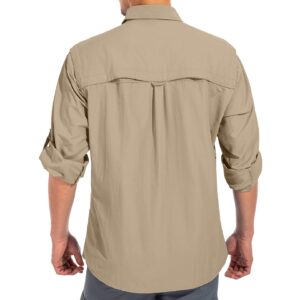 linlon Mens Safari Shirts Long Sleeve UV Protection Hiking Fishing UPF 50+ Quick Dry Cooling Camping Travel Shirts#5066-Khaki-2XL