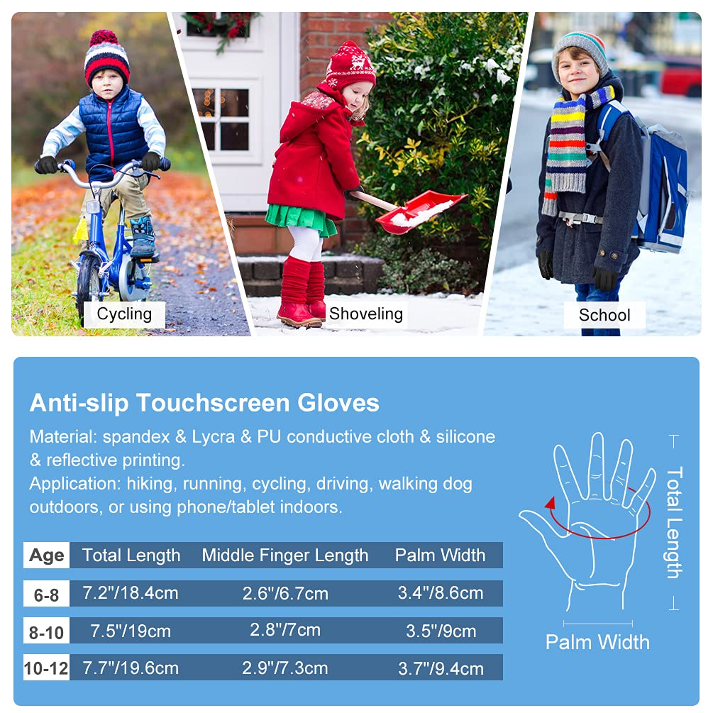 EEFOW Girls Waterproof Winter Touchscreen Gloves: Warm Lightweight Cycling Snow Mitten for Age 6-8 Years Boys & Girls Youth Big Children for Cold Weather Running Ski Football Riding Soccer