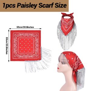 Cowboy Hat with Fringed Bandana Set for Women Wide Brim Western Cowgirl Hat Paisley Head Wrap Scarf (Red)