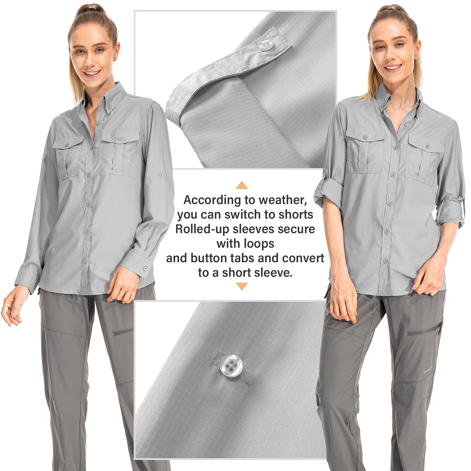 Women's Quick Dry Sun UV Protection Convertible Long Sleeve Safari Shirts for Hiking Camping Fishing Sailing#5070 Light grey,XL