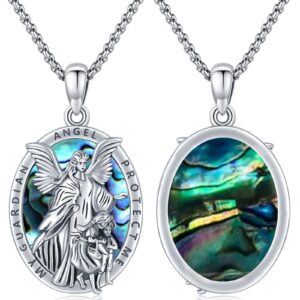 Brisskaari Blue Opal/Abalone Shell Guardian Angel Necklace 925 Sterling Silver Oval Guardian Angel Medal Pendant Religious Angel Medallion Catholic Jewelry Gift for Men Women (Green)