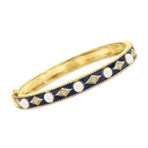 Ross-Simons 4.5-5mm Cultured Pearl Bangle Bracelet With Diamond Accents and Blue Enamel in 18kt Gold Over Sterling. 8 inches