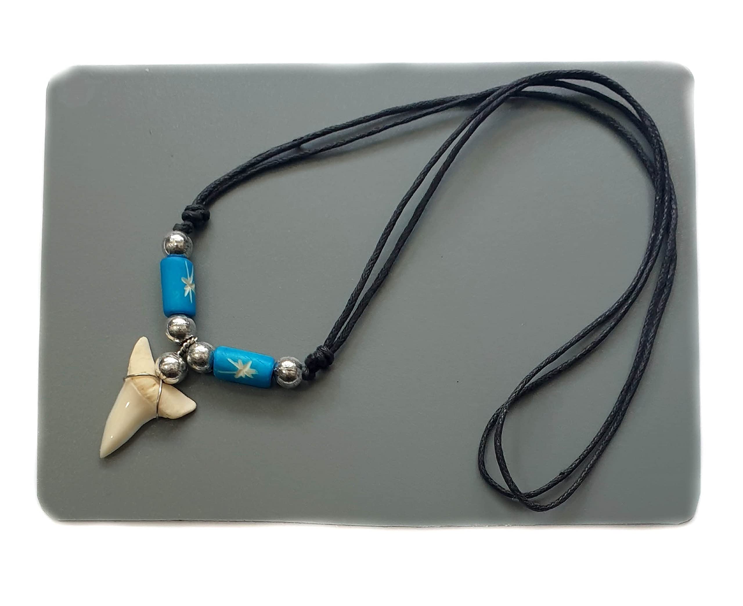 Swimmi Genuine Mako Shark Tooth Necklace for Men Women Boy Girl with Seed Beads and Adjustable Waxed Cord Handmade Jewelry CA268, Blue