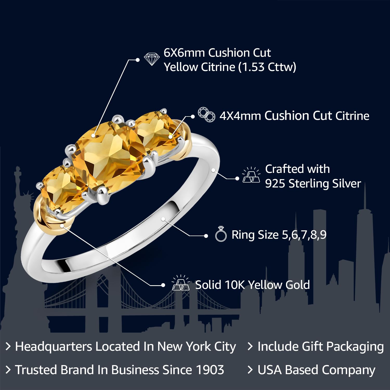 Gem Stone King 925 Sterling Silver and 10K Yellow Gold Yellow Citrine 3 Stone Engagement Ring For Women (1.53 Cttw, Cushion Cut 6MM and 4MM, Available In Size 5, 6, 7, 8, 9)