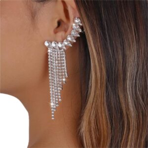 denifery long tassel dangle earring geometry rhinestone earrings sparkling crystal drop earrings for women girls (silver)