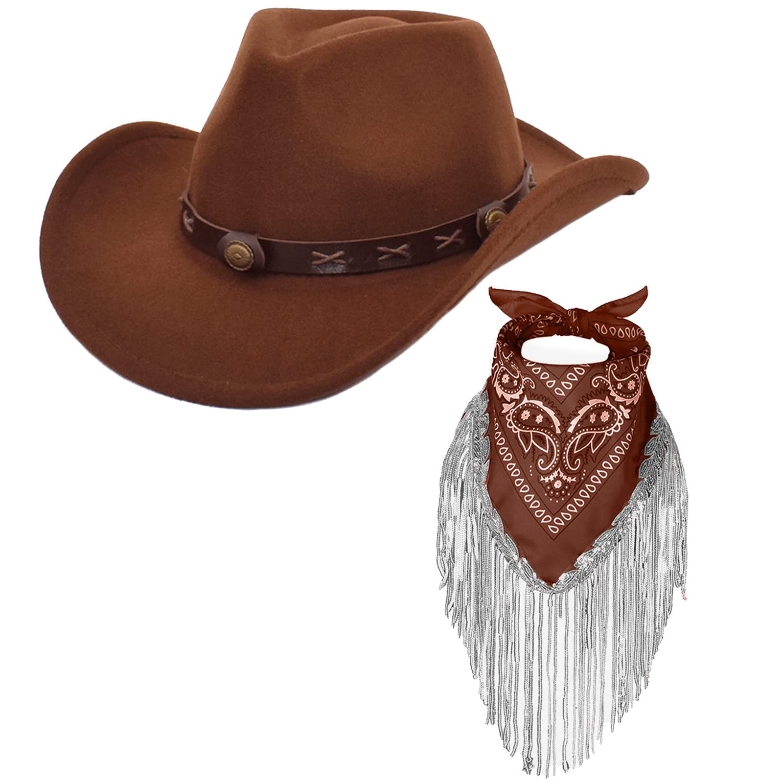 Cowboy Hat with Fringed Bandana Set for Women Wide Brim Western Cowgirl Hat Paisley Head Wrap Scarf (Coffee)