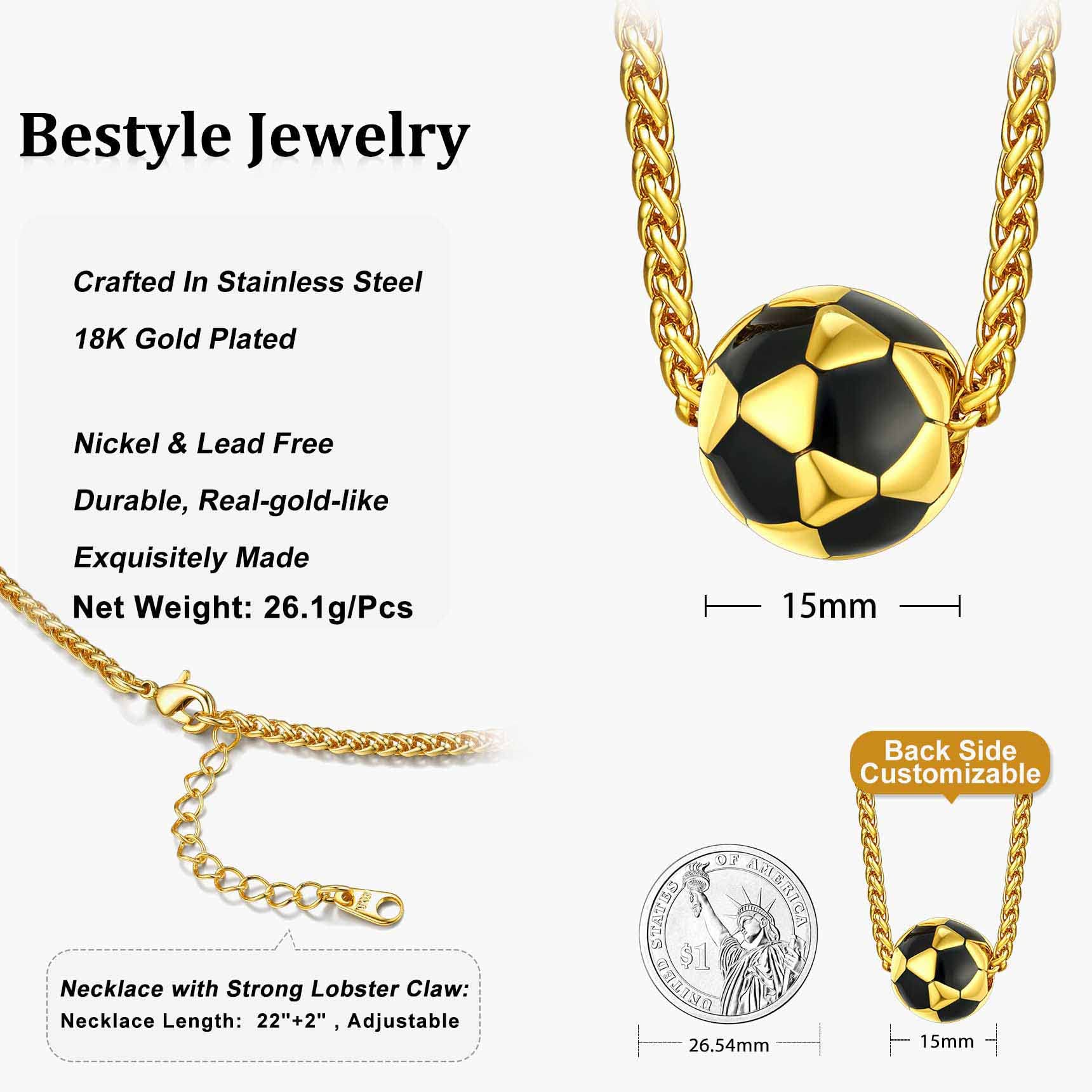 Bestyle 18K Gold Plated Soccer Football Pendant Necklaces Stainless Steel Sport Chain Trendy Women Men Sport Fan Jewelry Gift Soccer Charm Necklace for Football League/World Cup