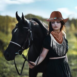 Cowboy Hat with Fringed Bandana Set for Women Wide Brim Western Cowgirl Hat Paisley Head Wrap Scarf (Coffee)