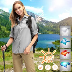 Women's Quick Dry Sun UV Protection Convertible Long Sleeve Safari Shirts for Hiking Camping Fishing Sailing#5070 Light grey,XL