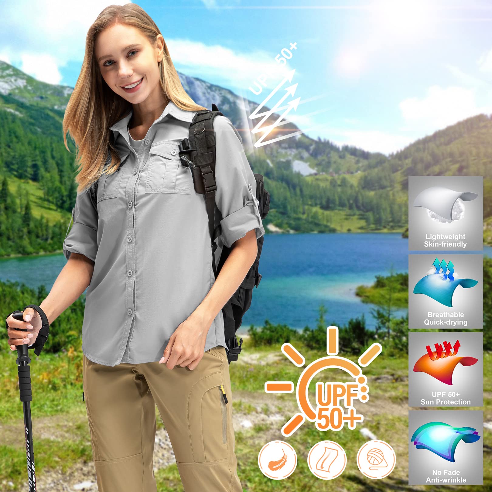 Women's Quick Dry Sun UV Protection Convertible Long Sleeve Safari Shirts for Hiking Camping Fishing Sailing#5070 Light grey,L