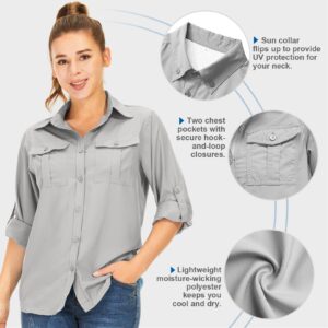 Women's Quick Dry Sun UV Protection Convertible Long Sleeve Safari Shirts for Hiking Camping Fishing Sailing#5070 Light grey,L