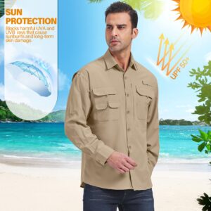 linlon Mens Safari Shirts Long Sleeve UV Protection Hiking Fishing UPF 50+ Quick Dry Cooling Camping Travel Shirts#5066-Khaki-2XL