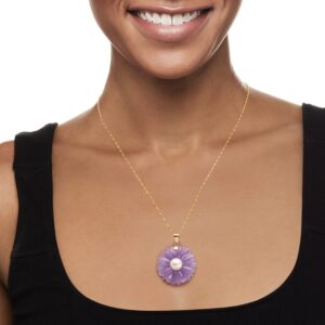 Ross-Simons 9mm Cultured Pearl and Lavender Jade Flower Pendant in 14kt Yellow Gold