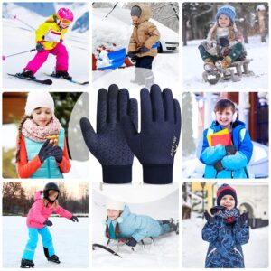 Kids Winter Warm Cycling Gloves - Boys Girls Touch Screen Anti-Slip Running Gloves Cold Weather Windproof Waterproof Children Thermal Fleece Mittens for Football Ski Bike Snow Aged 10-12