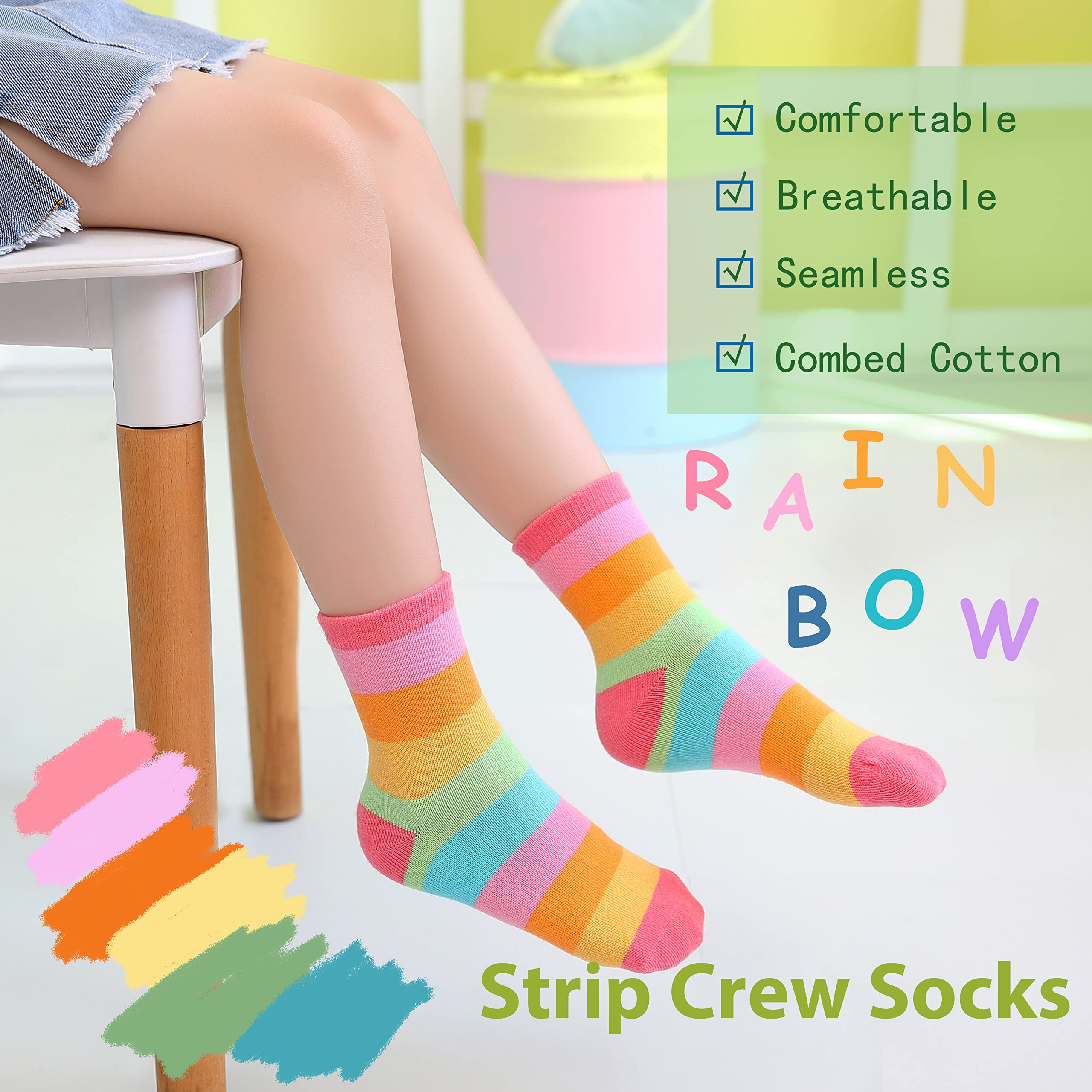 Marchare Girls Seamless Crew Cotton Socks Kids Casual Socks School Socks Rainbow Stripes Color A 5 Pack 6-8 Years