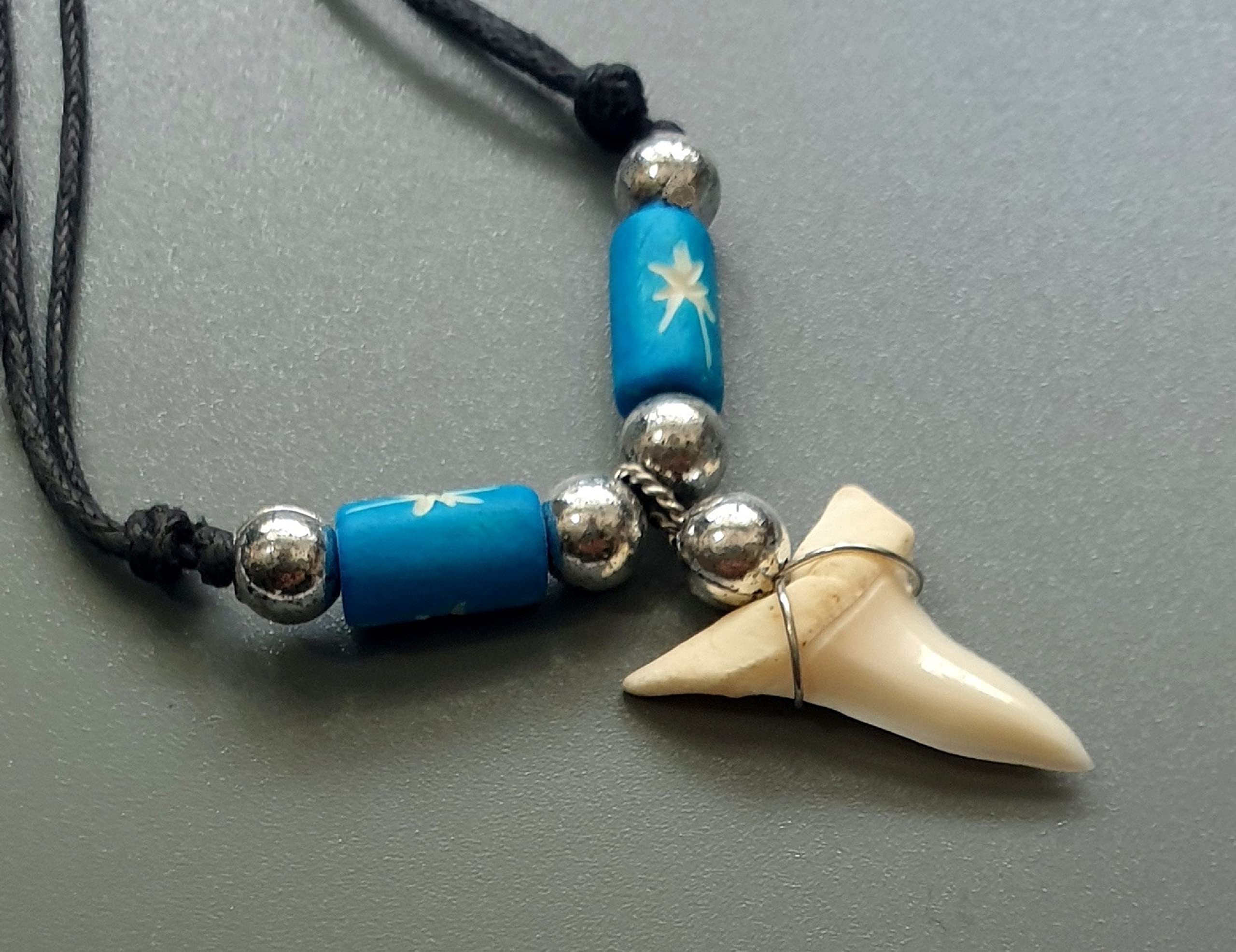 Swimmi Genuine Mako Shark Tooth Necklace for Men Women Boy Girl with Seed Beads and Adjustable Waxed Cord Handmade Jewelry CA268, Blue