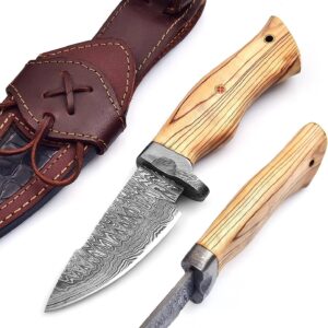 Huntex Smith 9.15” Hunting Knife, Handmade Damascus hunting knives with Leather Sheath Non-Slip Grip,Balanced & Lightweight fixed blade knife, Ideal for outdoor,indoor Skinning,Survival,Camping,Bushcraft Knife, Ideal Gift(Ash-Wood)