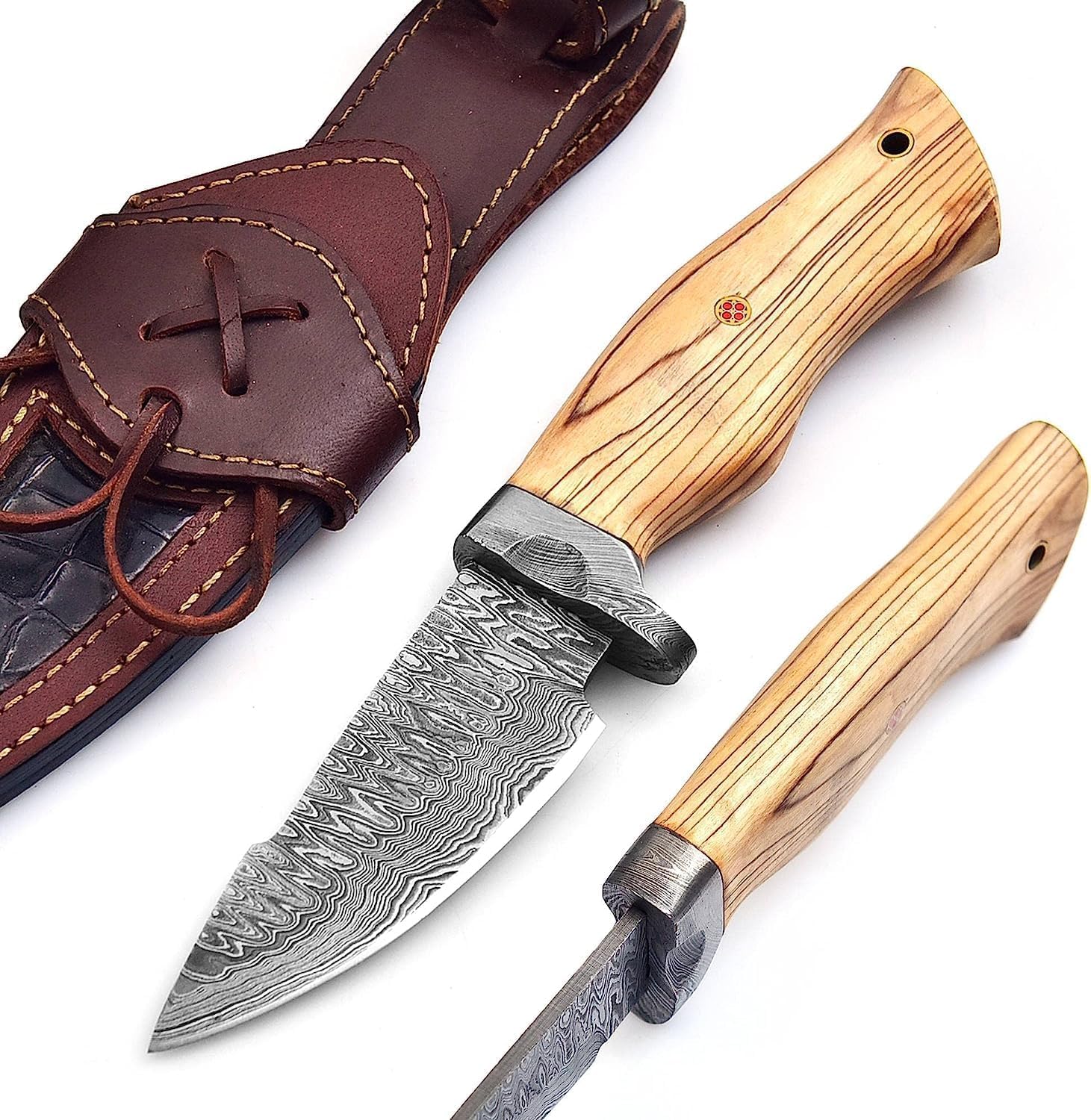 Huntex Smith 9.15” Hunting Knife, Handmade Damascus hunting knives with Leather Sheath Non-Slip Grip,Balanced & Lightweight fixed blade knife, Ideal for outdoor,indoor Skinning,Survival,Camping,Bushcraft Knife, Ideal Gift(Ash-Wood)