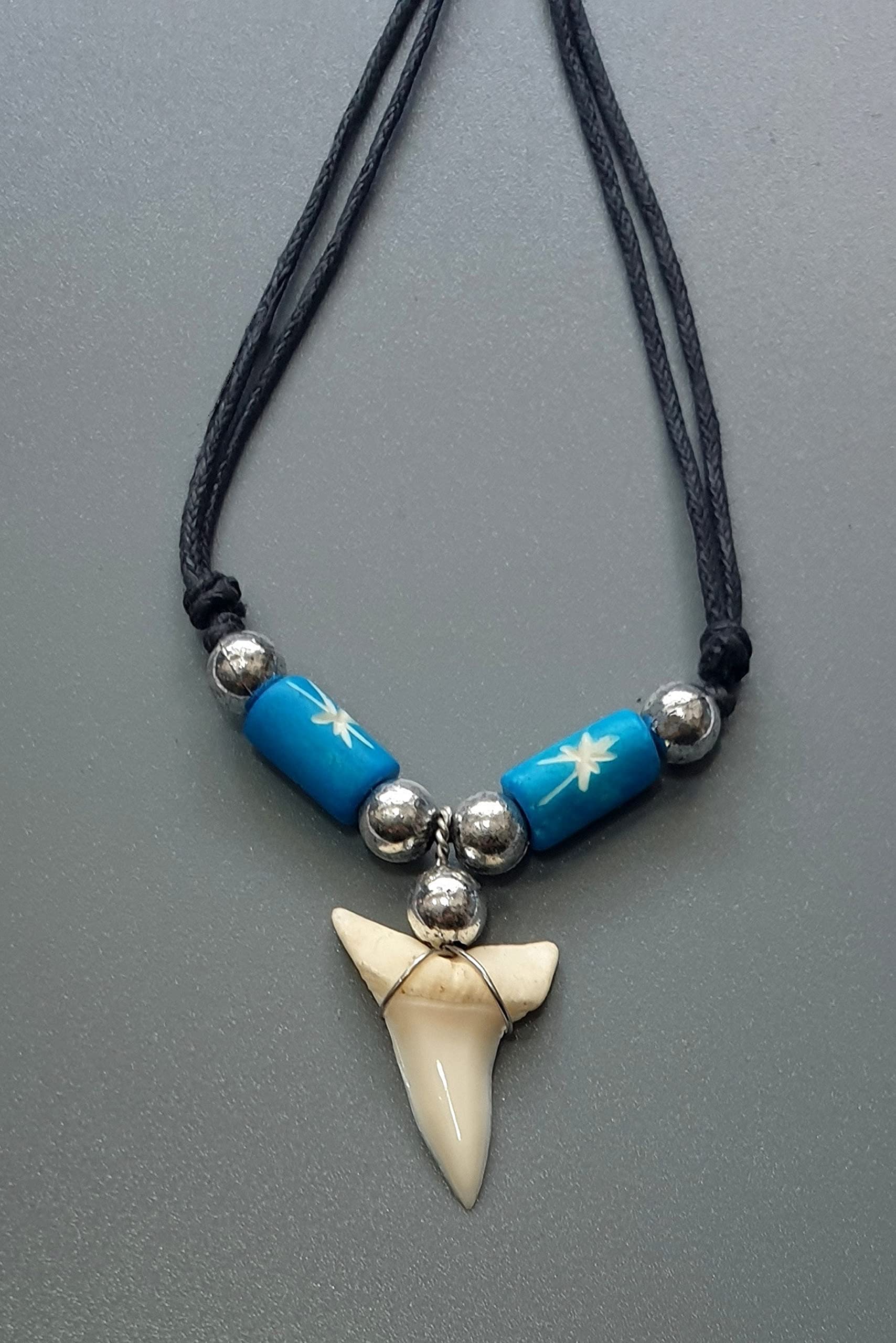 Swimmi Genuine Mako Shark Tooth Necklace for Men Women Boy Girl with Seed Beads and Adjustable Waxed Cord Handmade Jewelry CA268, Blue