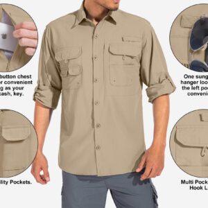 linlon Mens Safari Shirts Long Sleeve UV Protection Hiking Fishing UPF 50+ Quick Dry Cooling Camping Travel Shirts#5066-Khaki-2XL