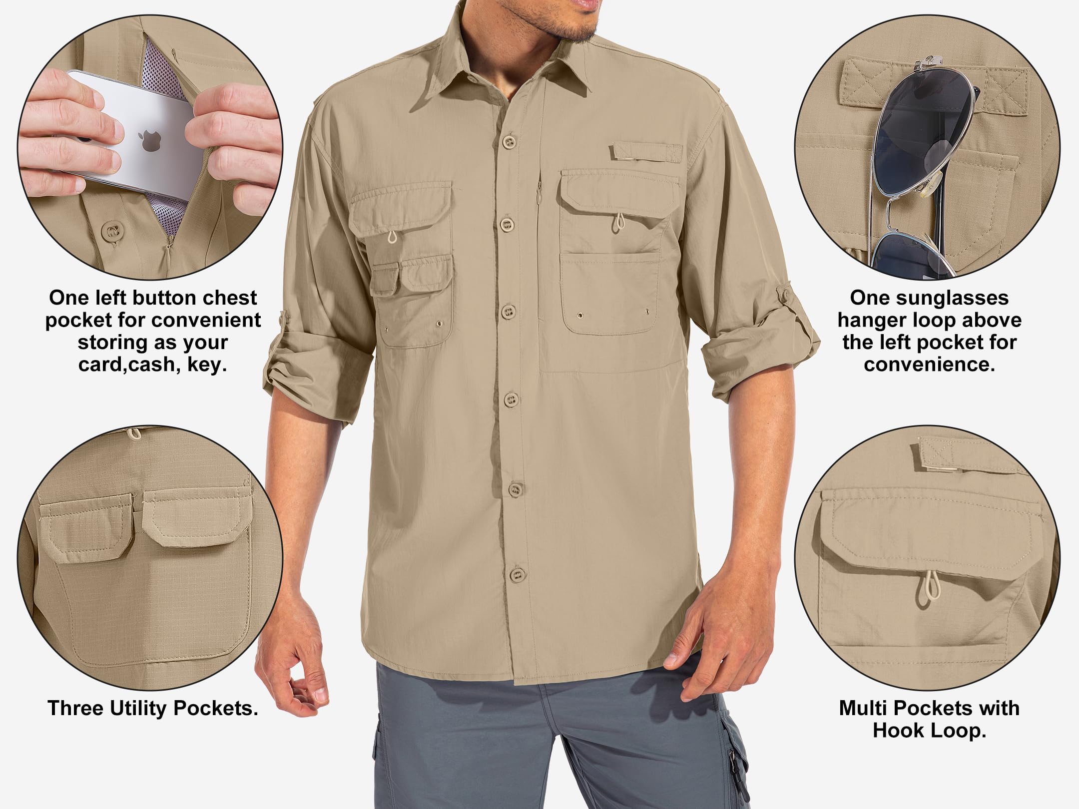 linlon Mens Safari Shirts Long Sleeve UV Protection Hiking Fishing UPF 50+ Quick Dry Cooling Camping Travel Shirts#5066-Khaki-2XL