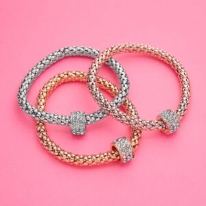 Pera Jewelry 14K Gold-Silver-Rose Gold Filled Bracelet 3 PCS, Corn Chain Bracelet Crystal Multilayer Charms Stretch Bracelet, 3 Color Multilayer Bracelets, Crystal Stones Charms with Gift Box