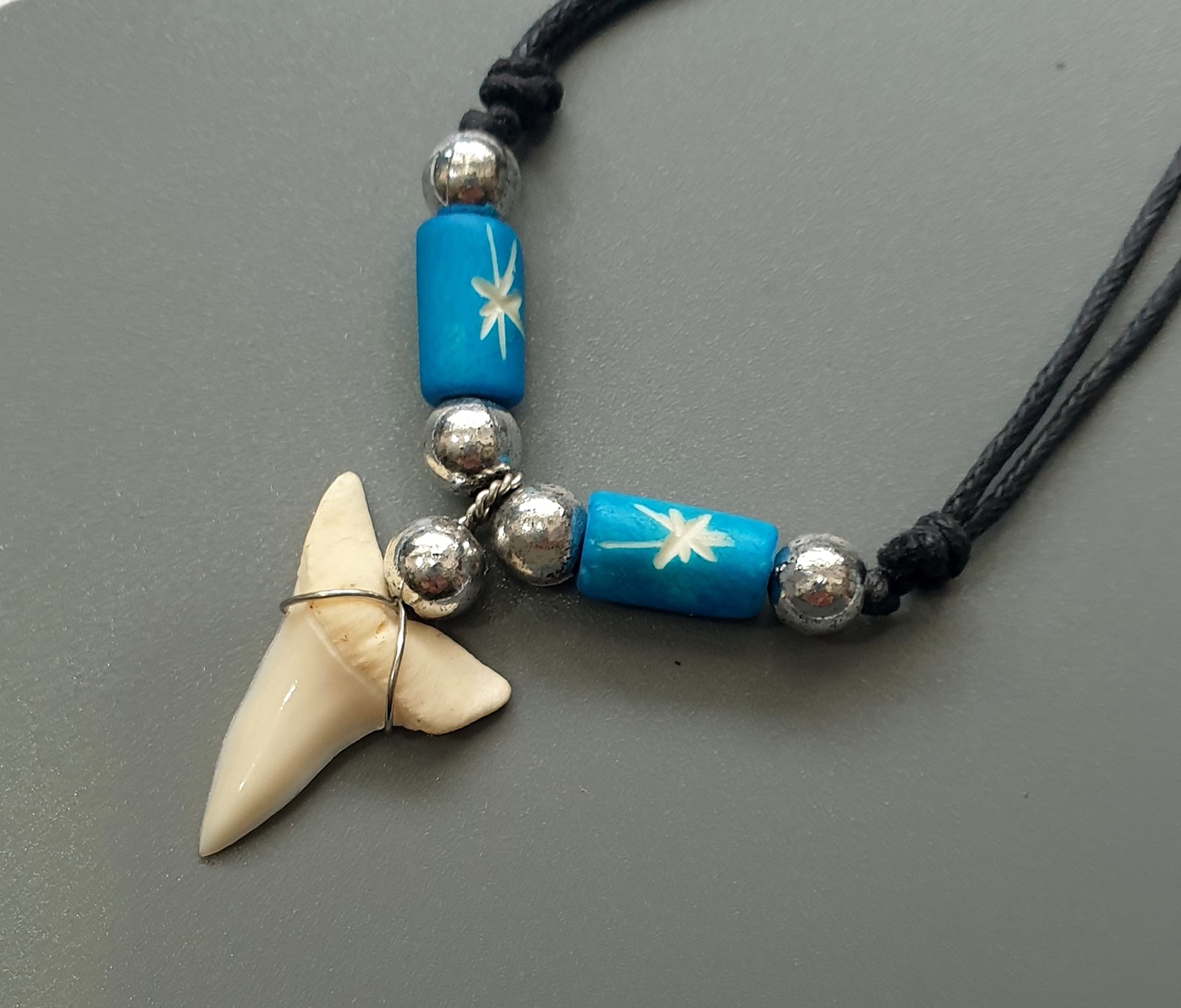 Swimmi Genuine Mako Shark Tooth Necklace for Men Women Boy Girl with Seed Beads and Adjustable Waxed Cord Handmade Jewelry CA268, Blue