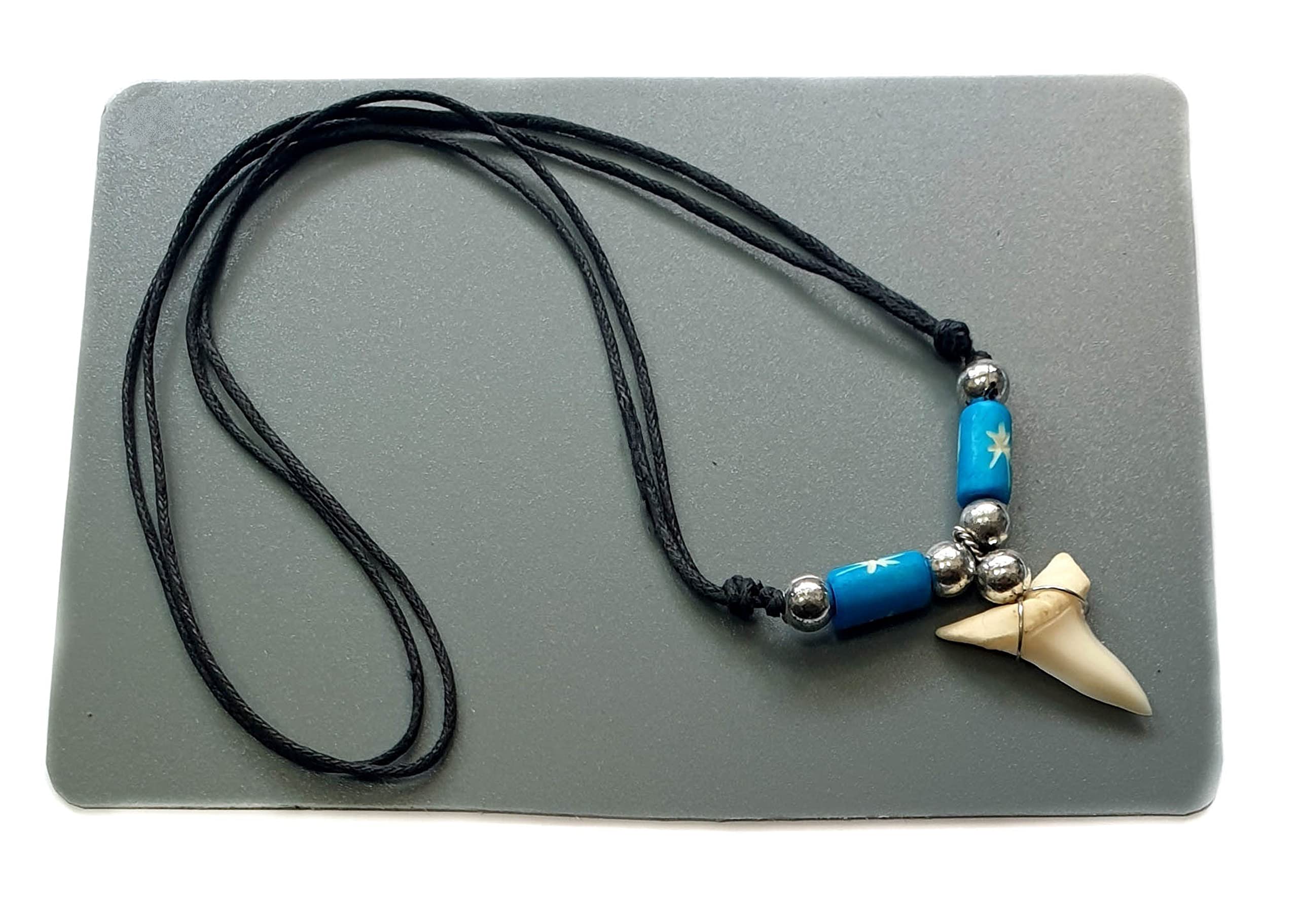 Swimmi Genuine Mako Shark Tooth Necklace for Men Women Boy Girl with Seed Beads and Adjustable Waxed Cord Handmade Jewelry CA268, Blue