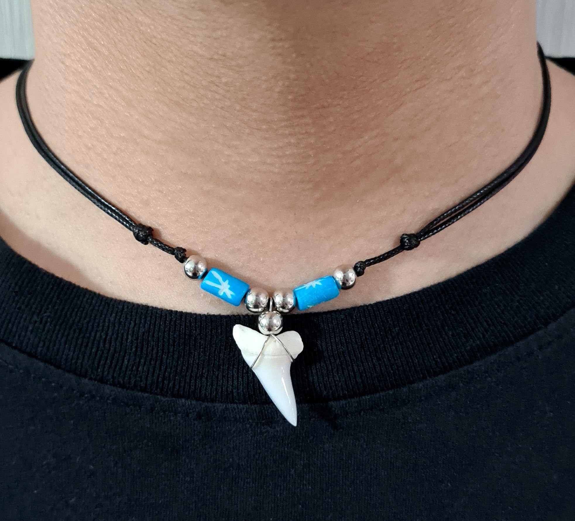 Swimmi Genuine Mako Shark Tooth Necklace for Men Women Boy Girl with Seed Beads and Adjustable Waxed Cord Handmade Jewelry CA268, Blue