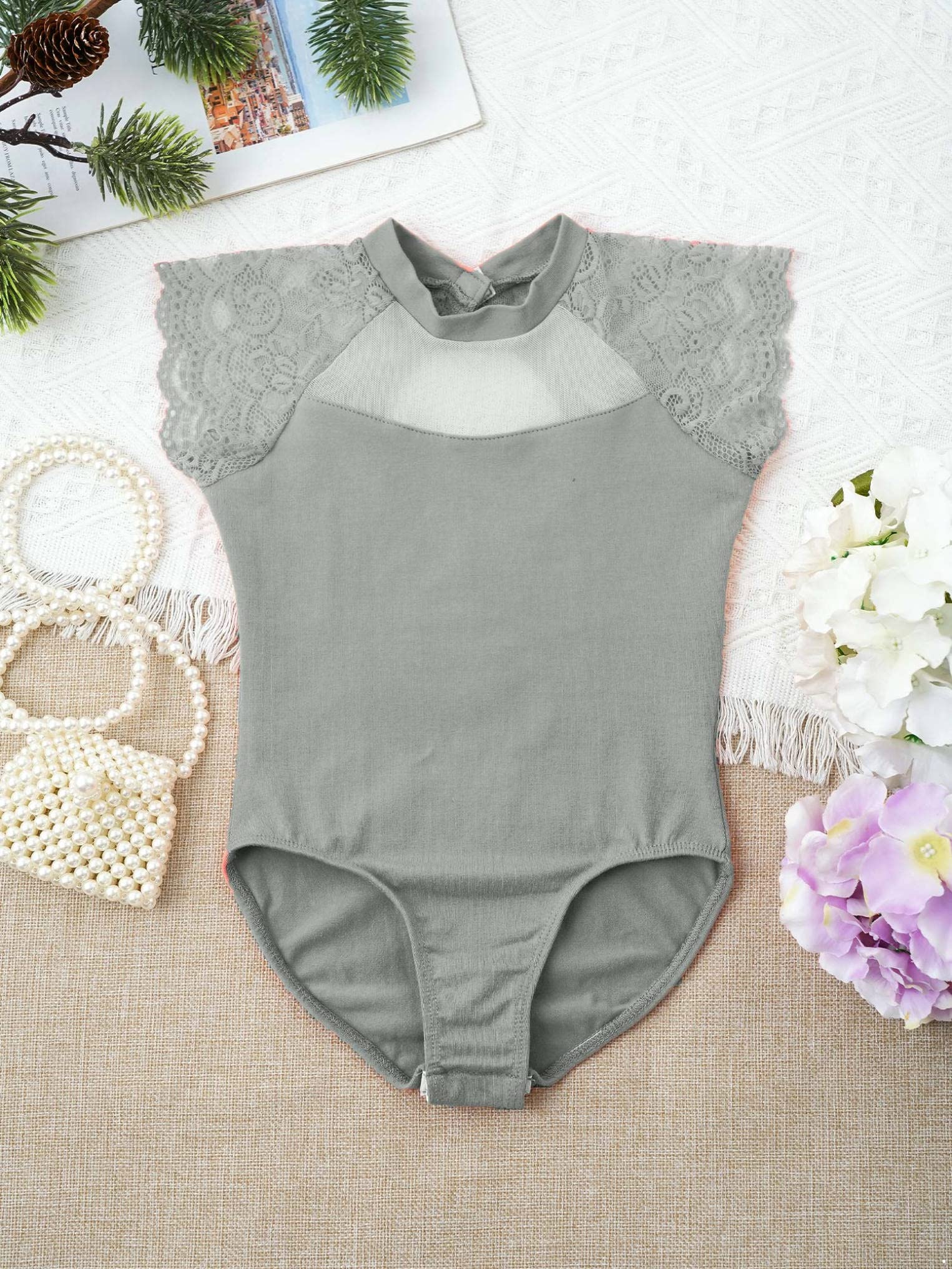 Oyolan Girls Kids Classic Ballet Dance Leotard Sleeveless Lace Floral Gymnastics Bodysuit Unitard Ballerina Costume Grey 15-16 Years