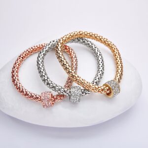 Pera Jewelry 14K Gold-Silver-Rose Gold Filled Bracelet 3 PCS, Corn Chain Bracelet Crystal Multilayer Charms Stretch Bracelet, 3 Color Multilayer Bracelets, Crystal Stones Charms with Gift Box