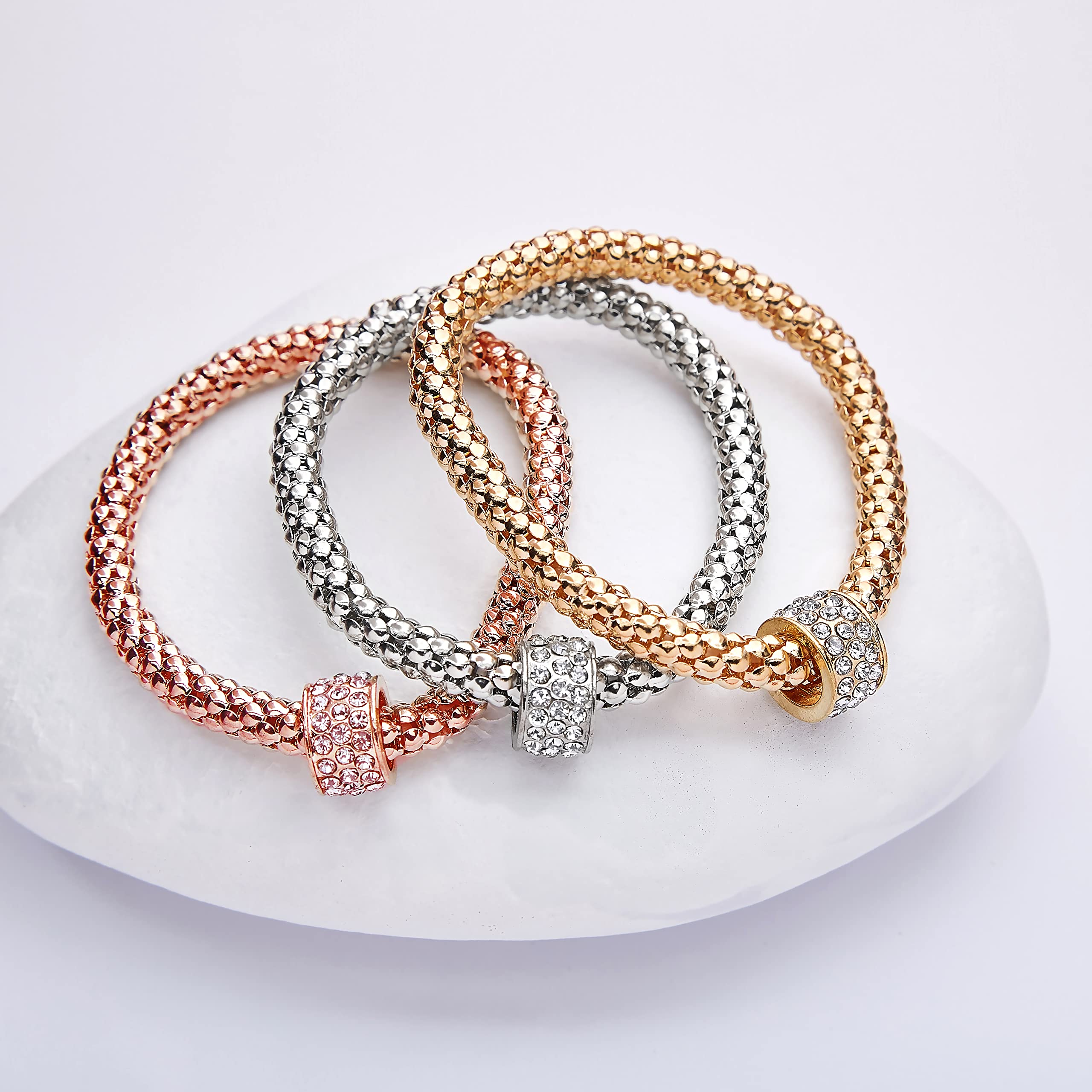 Pera Jewelry 14K Gold-Silver-Rose Gold Filled Bracelet 3 PCS, Corn Chain Bracelet Crystal Multilayer Charms Stretch Bracelet, 3 Color Multilayer Bracelets, Crystal Stones Charms with Gift Box