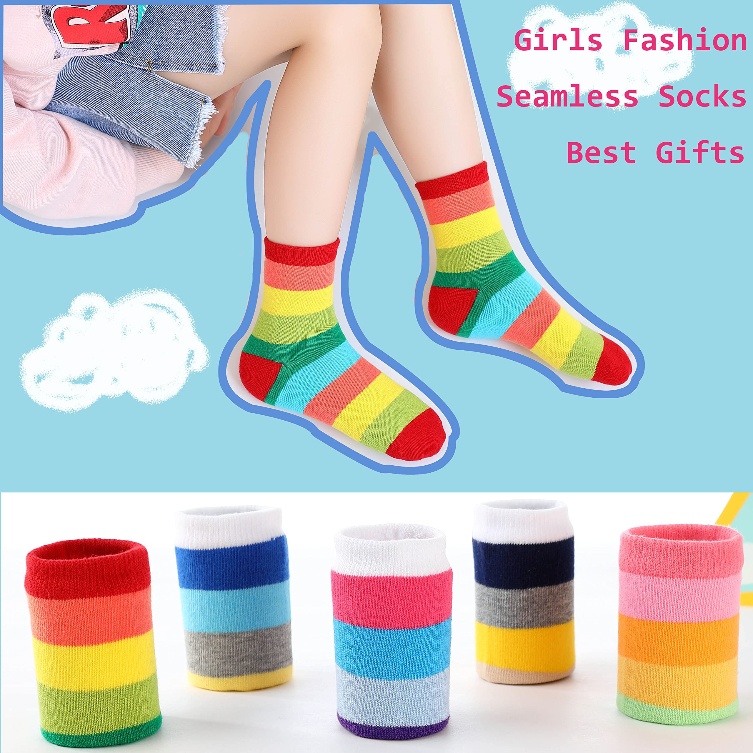 Marchare Girls Seamless Crew Cotton Socks Kids Casual Socks School Socks Rainbow Stripes Color A 5 Pack 6-8 Years