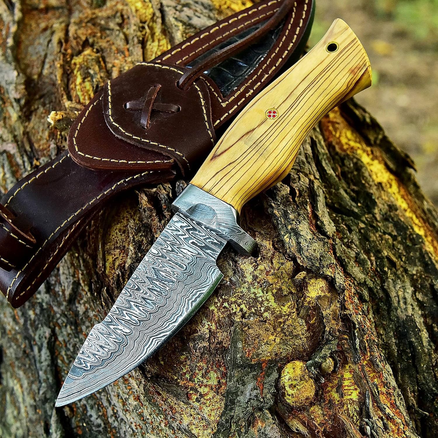 Huntex Smith 9.15” Hunting Knife, Handmade Damascus hunting knives with Leather Sheath Non-Slip Grip,Balanced & Lightweight fixed blade knife, Ideal for outdoor,indoor Skinning,Survival,Camping,Bushcraft Knife, Ideal Gift(Ash-Wood)