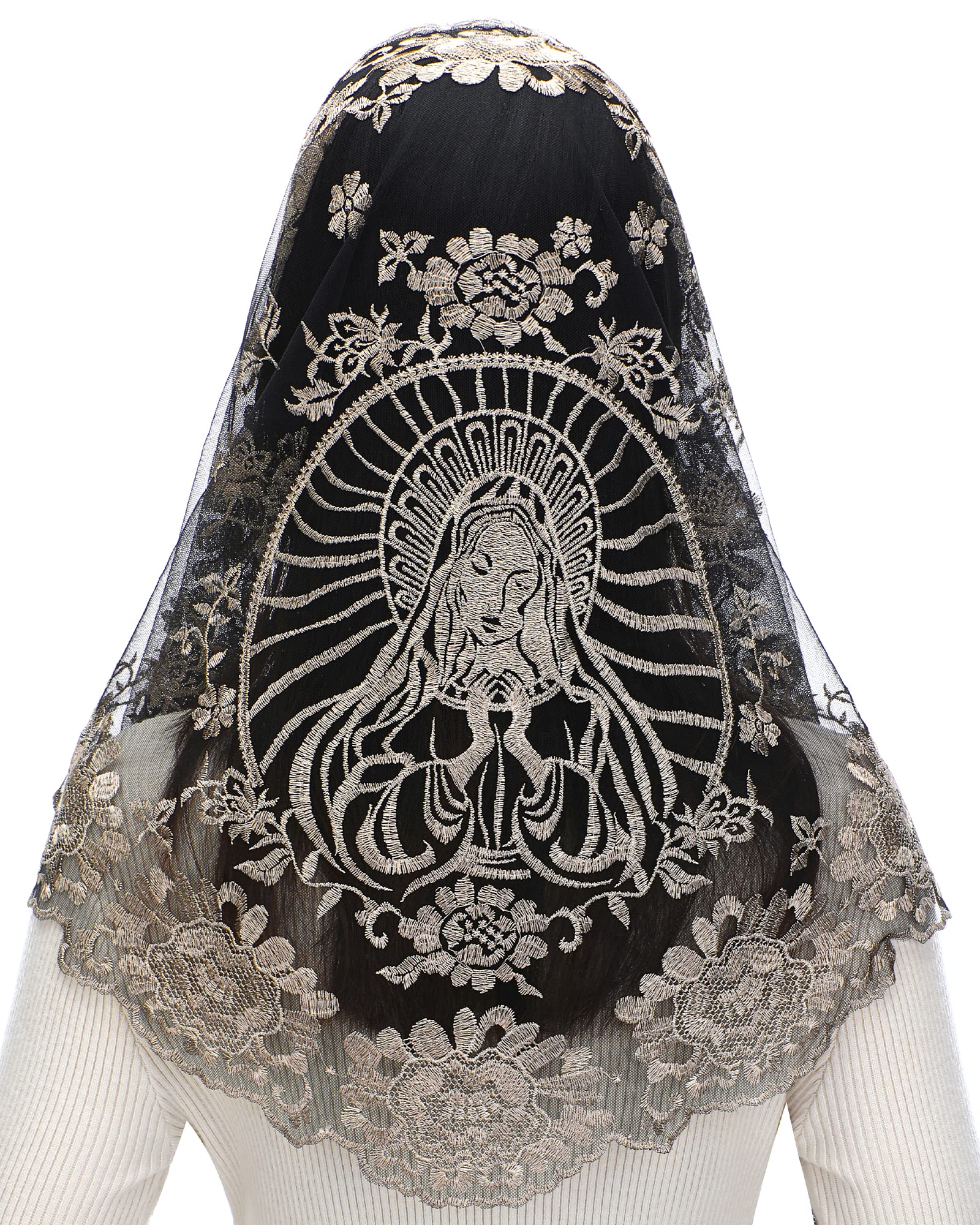 Bozidol Women's Chapel Lace Veils Catholic Church Mantilla Mass Head Covering Religious Christian Gift for Women (Black-Gold)