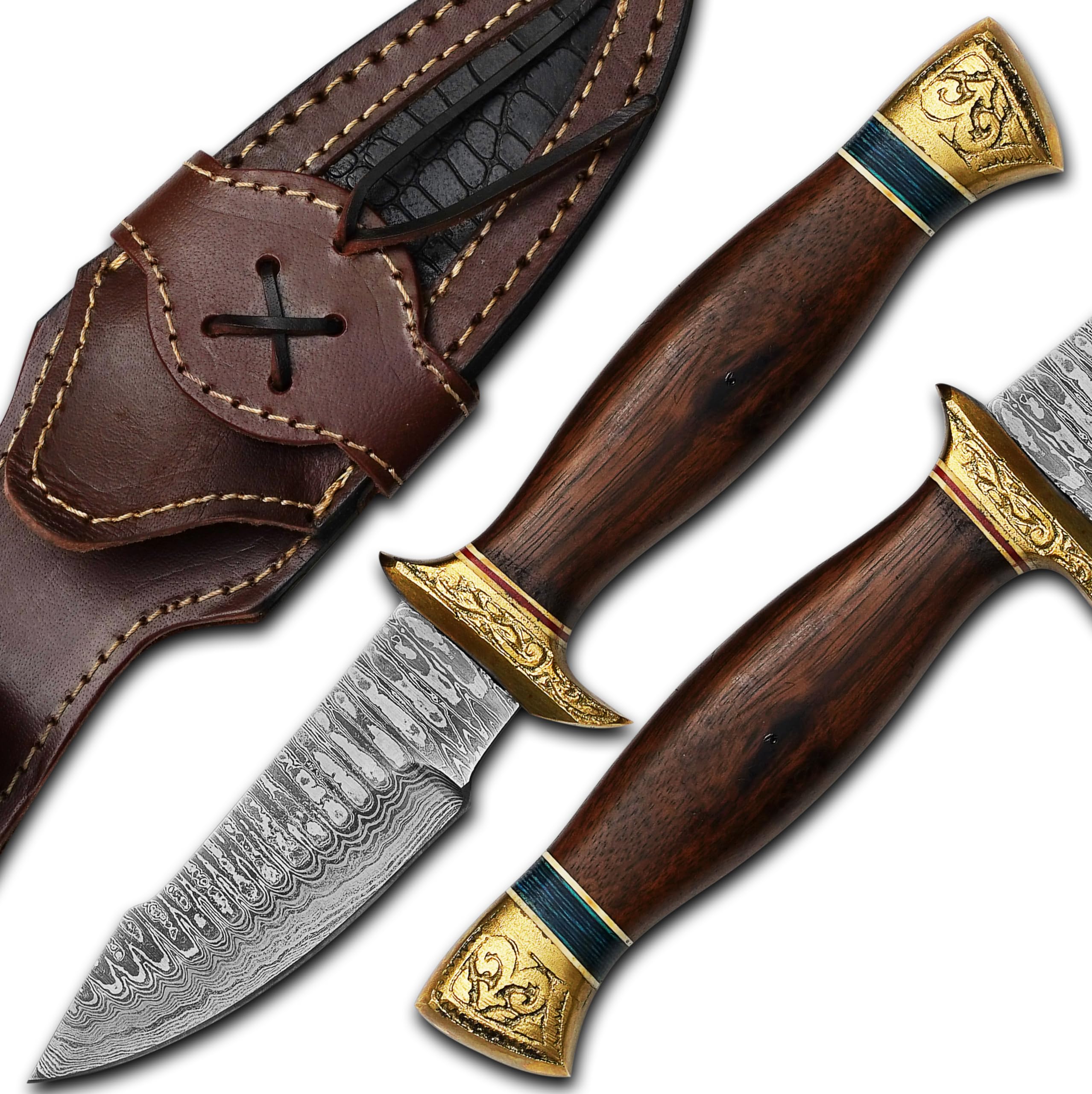 Huntex Smith 9.15” Hunting Knife, Handmade Damascus hunting knives with Sheath Non-Slip Grip,Balanced fixed blade,Best for outdoor,indoor Skinning,Survival Ideal Gift (Brass Guards)