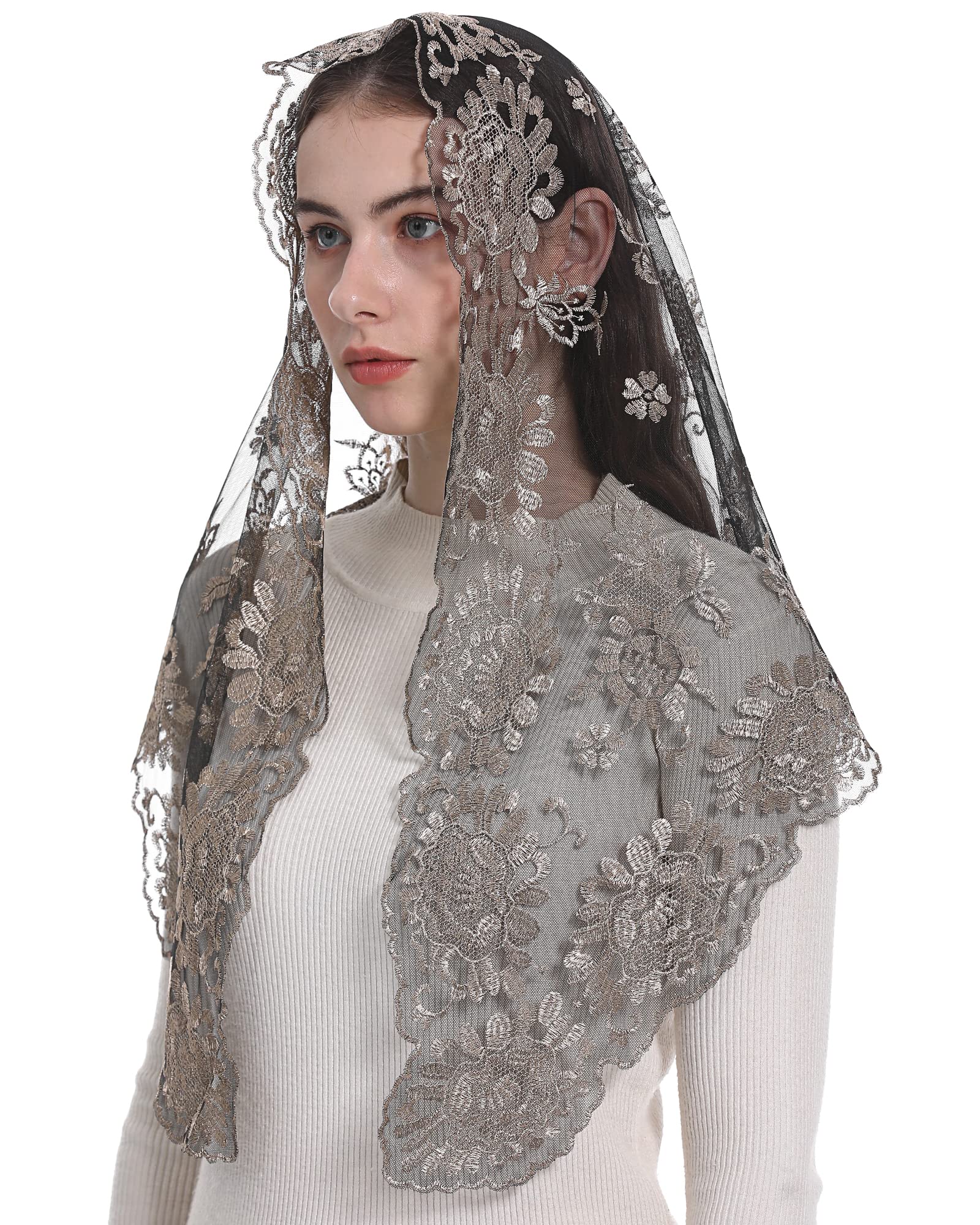 Bozidol Women's Chapel Lace Veils Catholic Church Mantilla Mass Head Covering Religious Christian Gift for Women (Black-Gold)