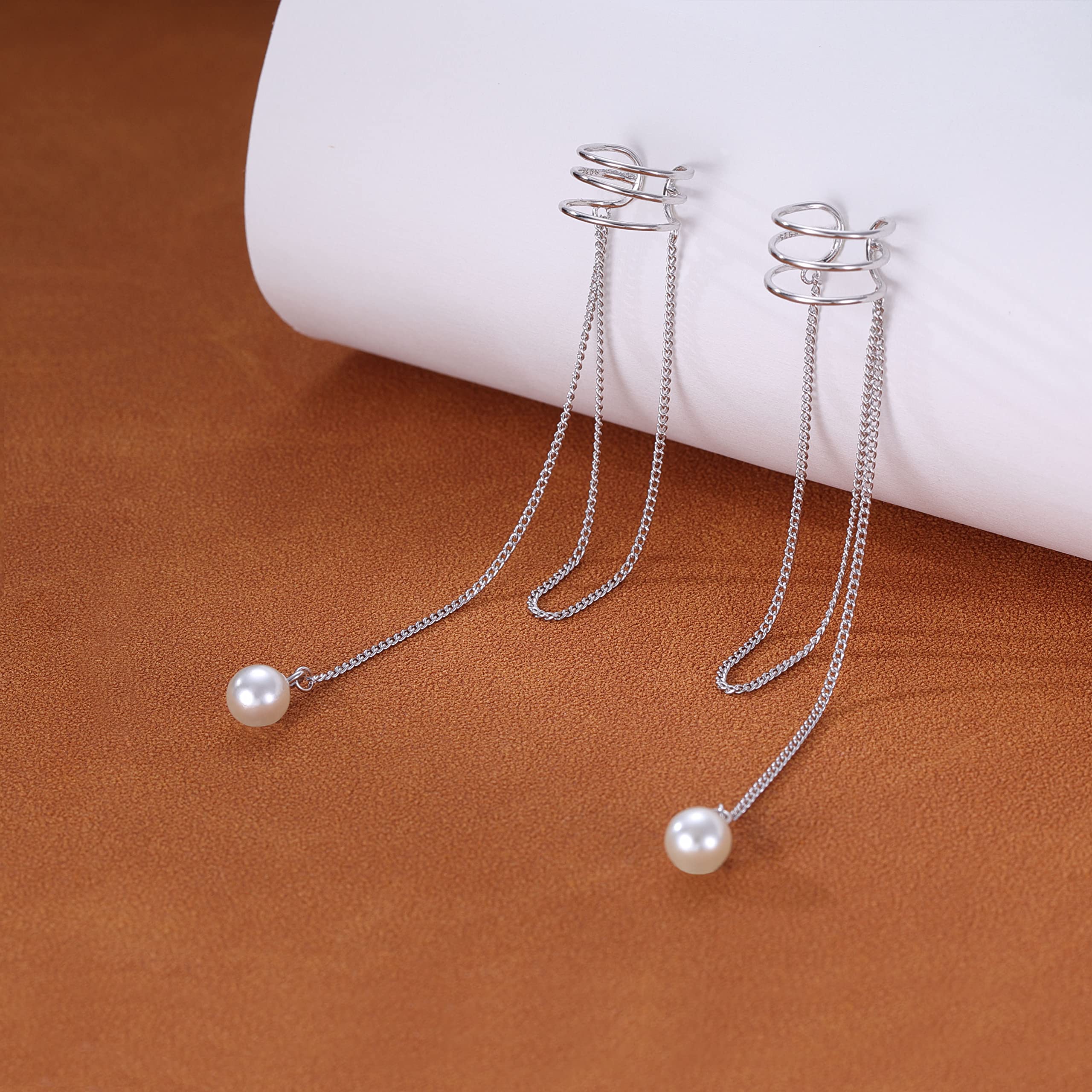 SLUYNZ 925 Sterling Silver No Piercing Cuff Earrings Chain for Women Wrap Earrings Pearl Tassel Clip On Ear (A-Silver1)