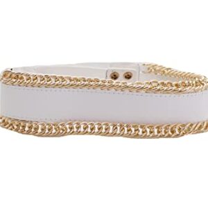 Women White Wide Fashion Belt - Elastic Waistband Gold Metal Chain Links Size S, Silver, One Size