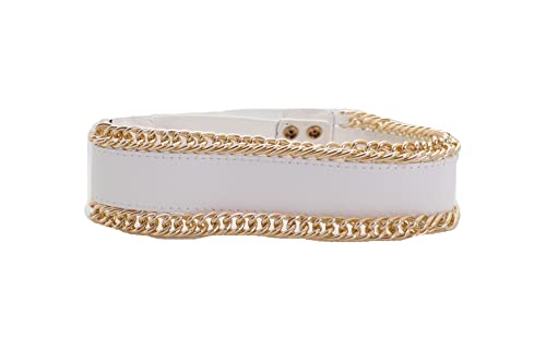 Women White Wide Fashion Belt - Elastic Waistband Gold Metal Chain Links Size S, Silver, One Size