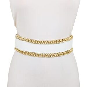 Women White Wide Fashion Belt - Elastic Waistband Gold Metal Chain Links Size S, Silver, One Size