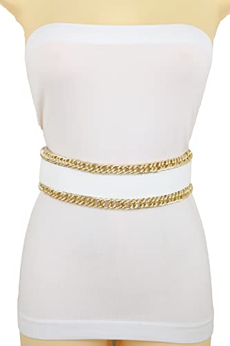 Women White Wide Fashion Belt - Elastic Waistband Gold Metal Chain Links Size S, Silver, One Size