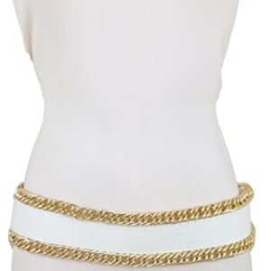 Women White Wide Fashion Belt - Elastic Waistband Gold Metal Chain Links Size S, Silver, One Size