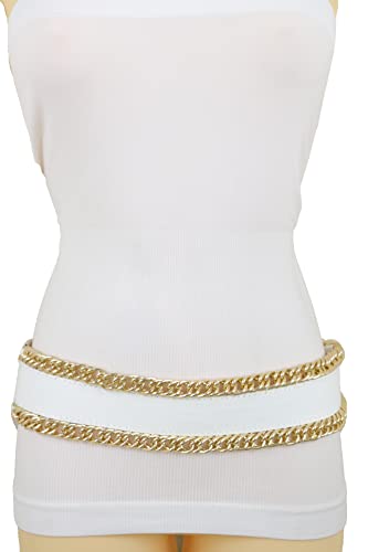 Women White Wide Fashion Belt - Elastic Waistband Gold Metal Chain Links Size S, Silver, One Size