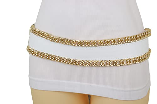 Women White Wide Fashion Belt - Elastic Waistband Gold Metal Chain Links Size S, Silver, One Size