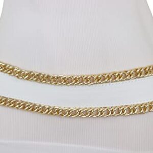 Women White Wide Fashion Belt - Elastic Waistband Gold Metal Chain Links Size S, Silver, One Size